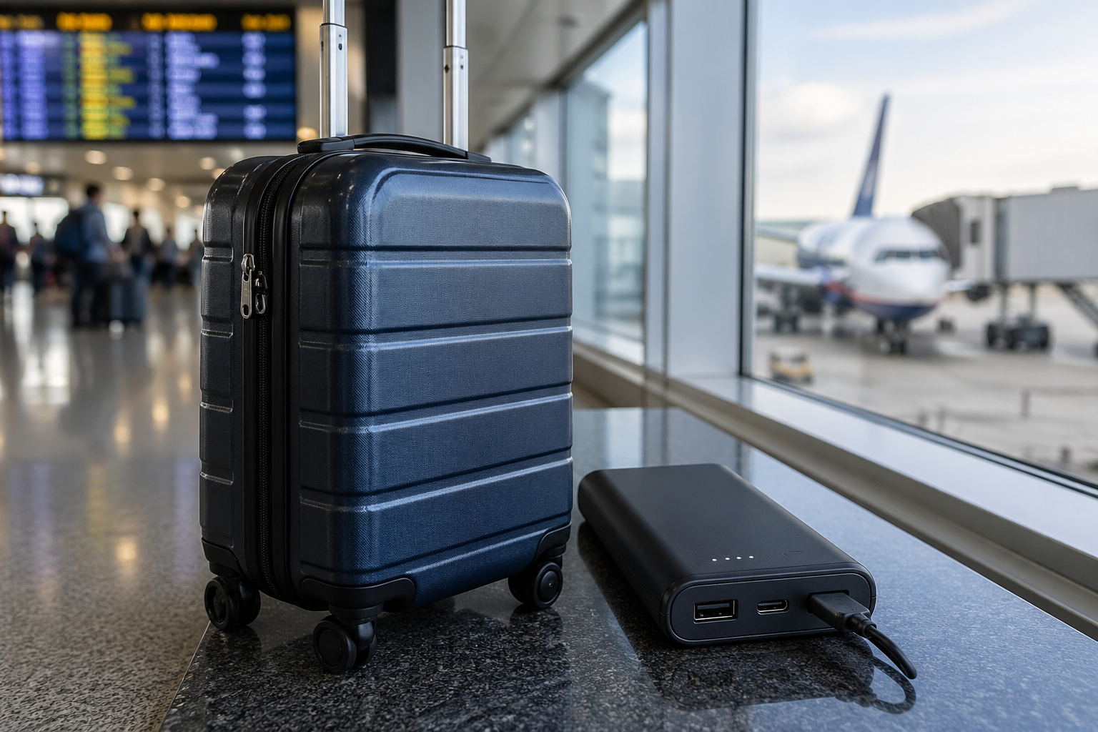 Powerbank ao lado de mala de viagem em aeroporto