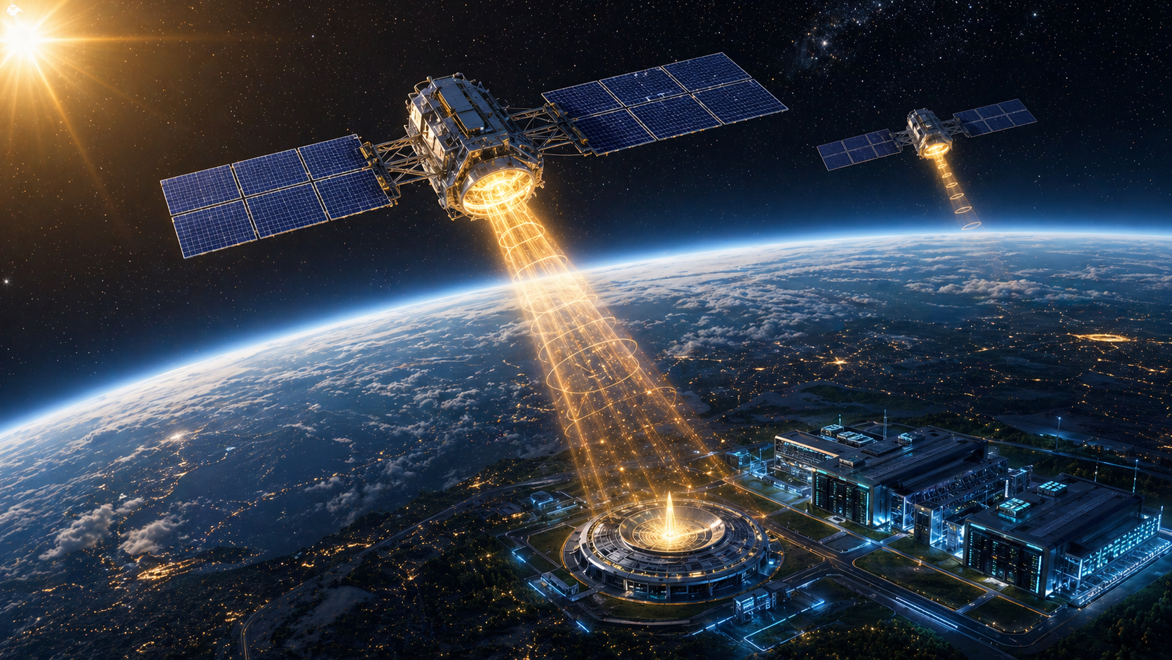 Satélite captando energia solar em órbita para abastecer data centers