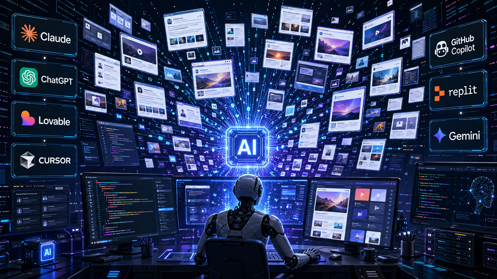 Representação de inteligência artificial criando páginas e conteúdos na internet