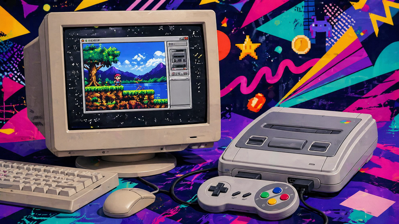 Computador antigo rodando emulador de Super Nintendo com visual retrô
