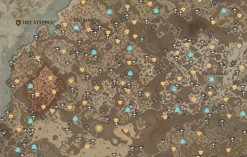 Mapa interativo de Diablo 4 mostrando Waypoints, Altars of Lilith e dungeons